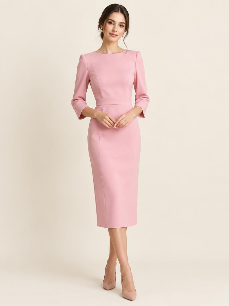 Fotografia de mulher usando vestido midi rosa de alfaiataria com manga 3/4 estruturada
