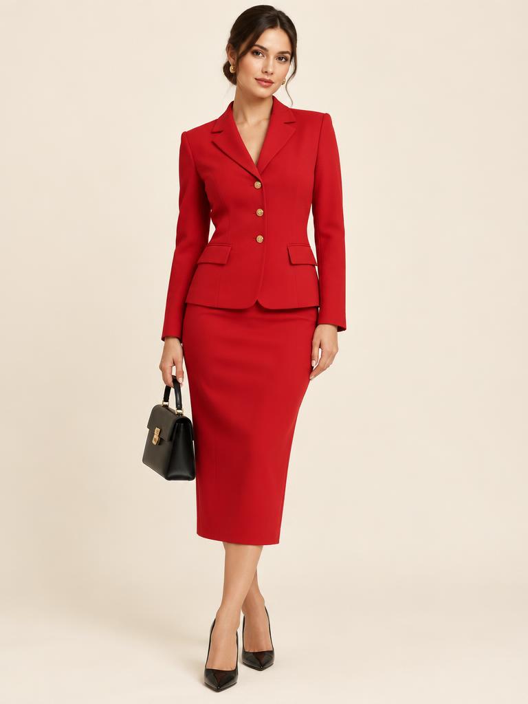 Fotografia de mulher usando conjunto executivo vermelho com blazer de manga longa e saia midi