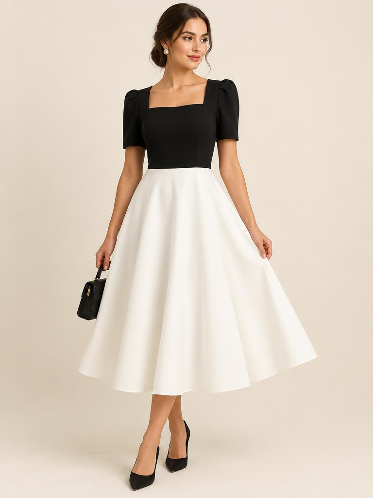 Fotografia de mulher usando vestido midi godê bicolor preto e branco com manga curta bufante